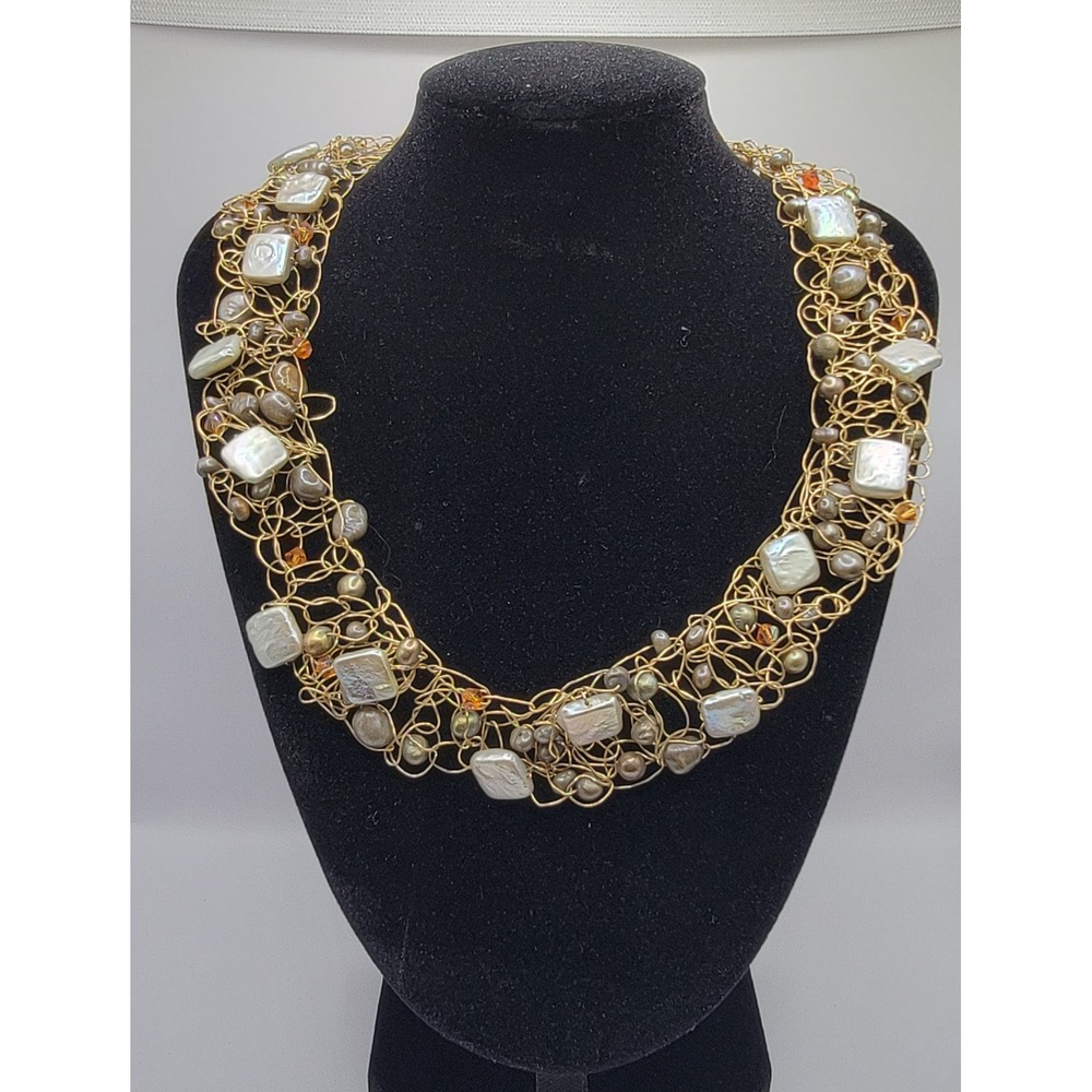 Handmade Gold Wire Wrapped Statement Necklace Freshwater Pearl Crystal 17"